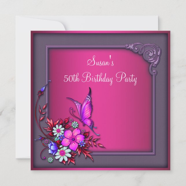 Womans 50th Birthday Pink Purple Butterfly Floral Invitation (Front)