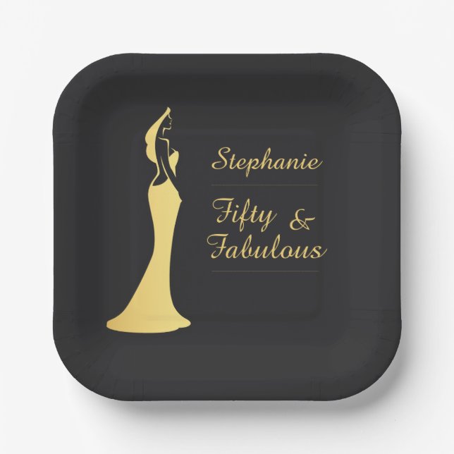 Woman's 50th Modern Gold Cocktail Dress Birthday Paper Plates (Front)