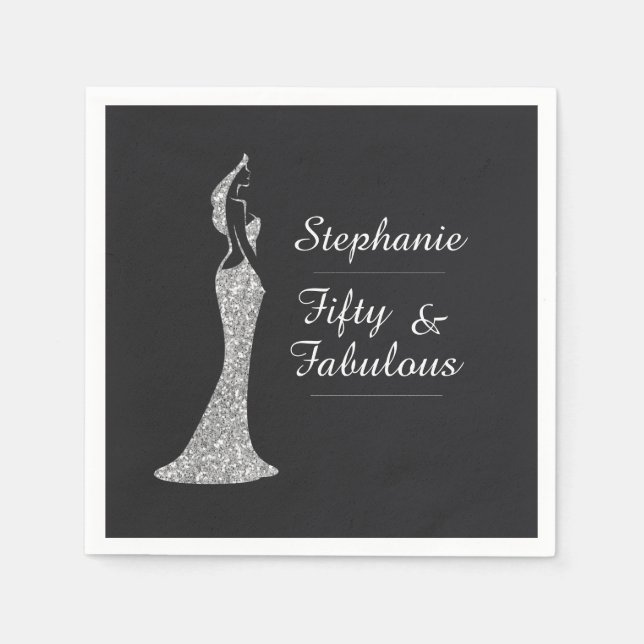 Woman's 50th Modern Silver Cocktail Dress Birthday Napkins (Front)