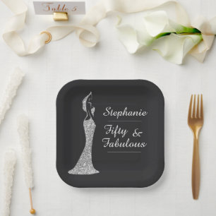 Woman's 50th Modern Silver Cocktail Dress Birthday Paper Plates
