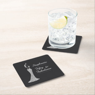 Woman's 50th Modern Silver Cocktail Dress Birthday Square Paper Coaster