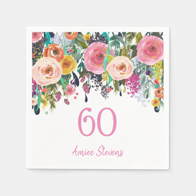 Womans 60th Birthday Party Pink Flower Peach Napkins (Front)
