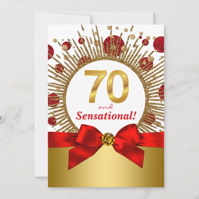 Womans 70th Birthday Party Red and Gold Invitation (Front)