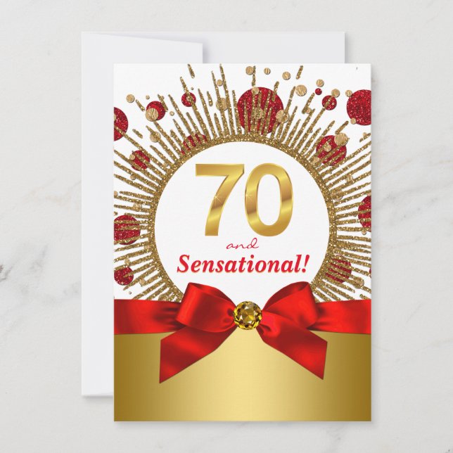 Womans 70th Birthday Party Red and Gold Invitation (Front)