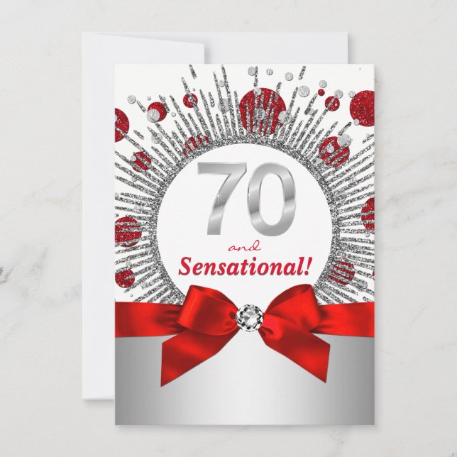 Womans 70th Birthday Party Red and Silver Invitation (Front)