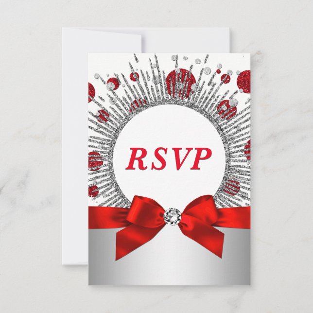 Womans 70th Birthday Party RSVP Red Silver Card (Front)