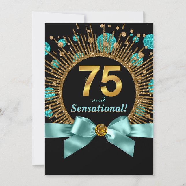 Womans 70th Birthday Party Teal Blue and Gold Invitation (Front)
