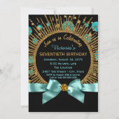 Womans 70th Birthday Party Teal Blue and Gold Invitation (Back)