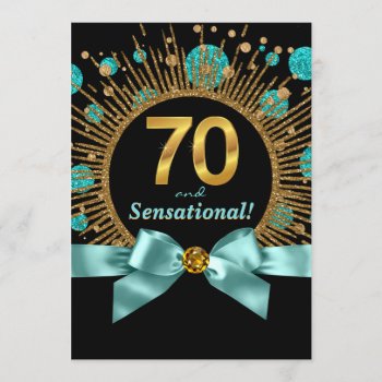 Womans 70th Birthday Party Teal Blue And Gold Invitation by Pure_Elegance at Zazzle