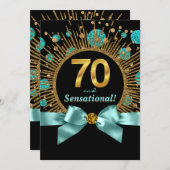 Womans 70th Birthday Party Teal Blue and Gold Invitation (Front/Back)