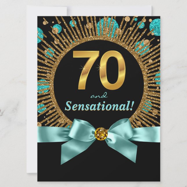 Womans 70th Birthday Party Teal Blue Gold Invitation (Front)