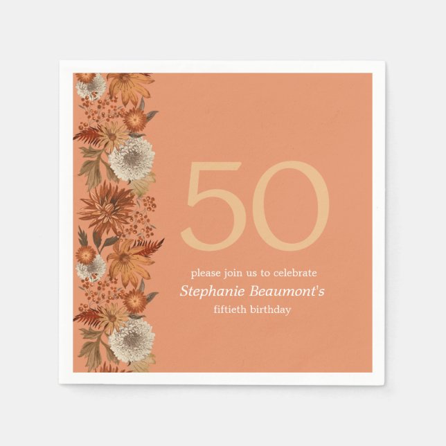 Woman's Autumn Flower Surprise 50th Birthday Napkins (Front)