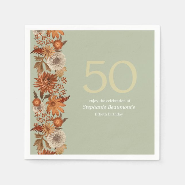 Woman's Autumn Flower Surprise 50th Birthday Napkins (Front)