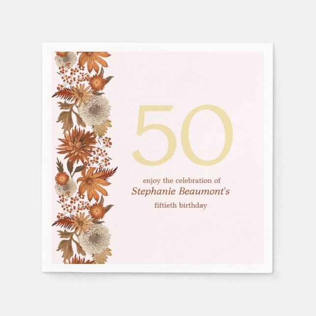 Woman's Autumn Flower Surprise 50th Birthday Napkins (Front)