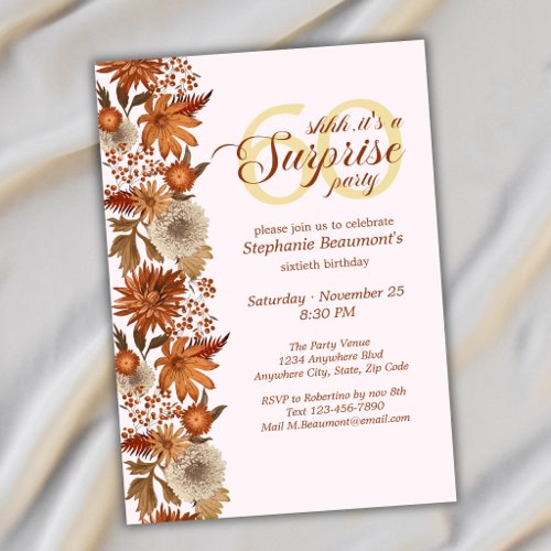 Woman's Autumn Flower Surprise 60th Birthday Invitation
