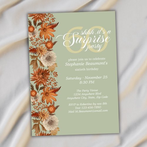 Woman's Autumn Flower Surprise 60th Birthday Invitation