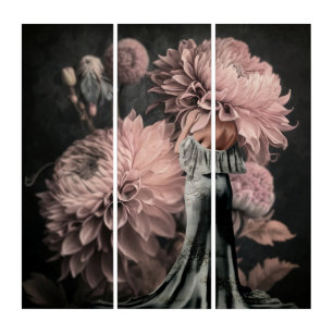 Woman's back Portrait Giant Pink Moody Florals Triptych