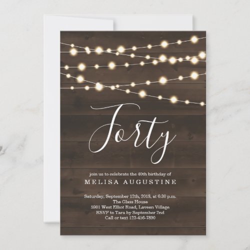 Woman's Birthday Party Invitation - Rustic - String lights on a rustic wood background complemented by beautiful calligraphy.