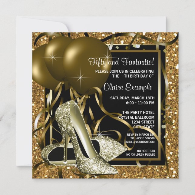 Womans Black and Gold Birthday Party Invitation (Front)