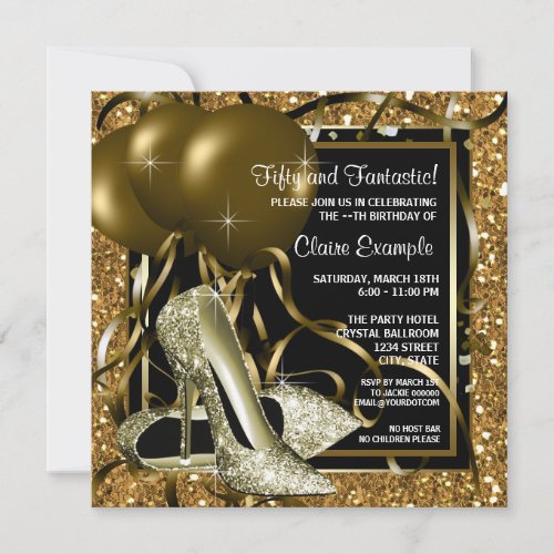 Womans Black and Gold Birthday Party Invitation