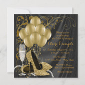Womans Black and Gold Birthday Party Invitations (Front)