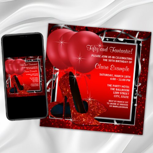 Womans Black and Red High Heels Birthday Party Invitation