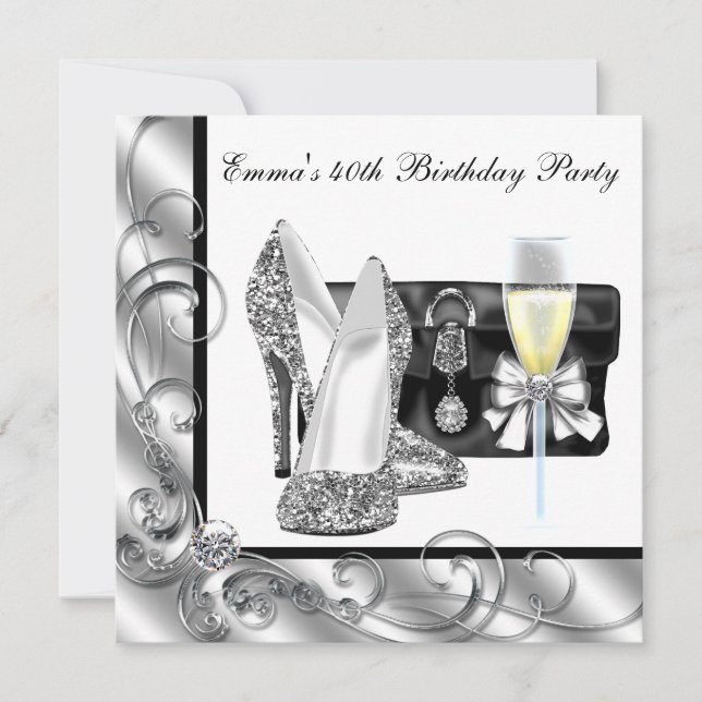Womans Black and White 40th Birthday Party Invitation (Front)