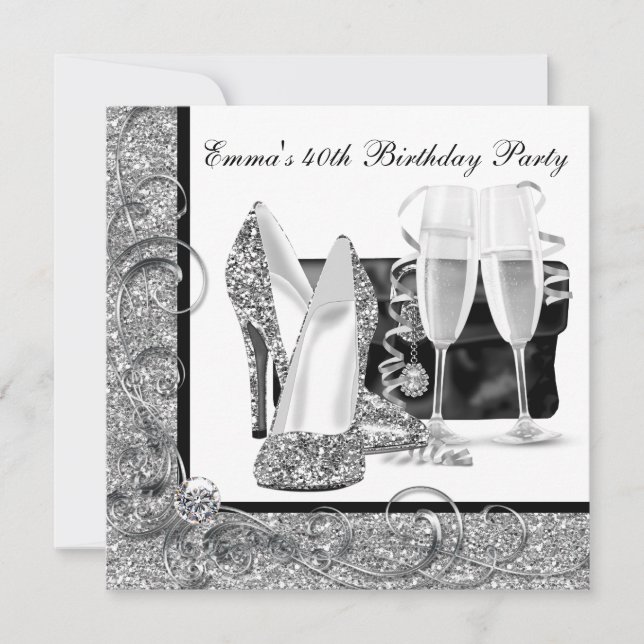 Womans Black and White Birthday Party Invitation (Front)