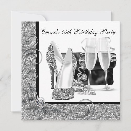 Womans Black and White 40th Birthday Party Personalized Invitations