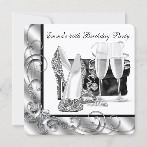 Womans Black and White 40th Birthday Party Personalized Invitations