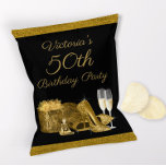 Womans Black Gold Birthday Party Chip Bag Flyer<br><div class="desc">Womans black and gold birthday party chip bags with pretty gold high heel shoes, gift, perfume and champagne glasses on a gold glitter choose your own color background. This womans birthday party chip bag is easily personalized with your text and photo. To assemble, wrap the flyer around your chip or...</div>