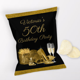 Womans Black Gold Birthday Party Chip Bag Flyer