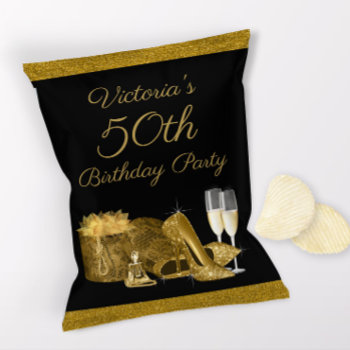 Womans Black Gold Birthday Party Chip Bag Flyer by Pure_Elegance at Zazzle