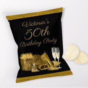 Womans Black Gold Birthday Party Chip Bag Flyer