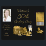 Womans Black Gold Birthday Party Chip Bag Wrappers<br><div class="desc">Womans black and gold birthday party chip bags with pretty gold high heel shoes, gift, perfume and champagne glasses on a choose your own color background. This womans birthday party chip bag is easily personalized with your text and photo. To assemble, wrap the flyer around your chip or snack size...</div>