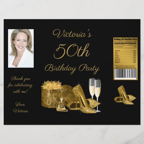 Womans Black Gold Birthday Party Chip Bag Wrappers