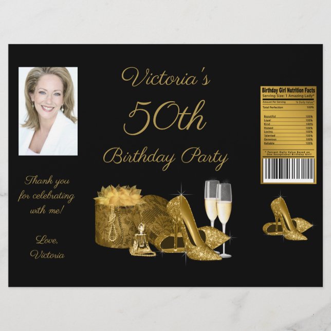 Womans Black Gold Birthday Party Chip Bag Wrappers (Front)