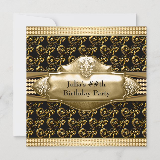 Womans Black Gold Birthday Party Invitations (Front)