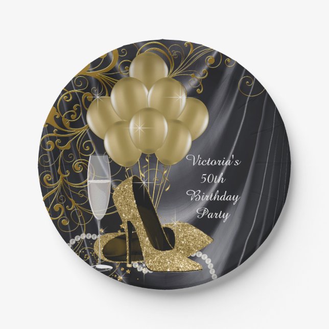 Womans Black Gold Birthday Party Paper Plates (Front)