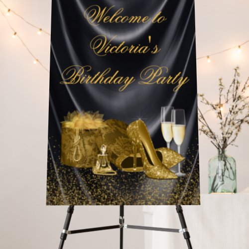 Womans Black Gold Birthday Party Welcome Sign