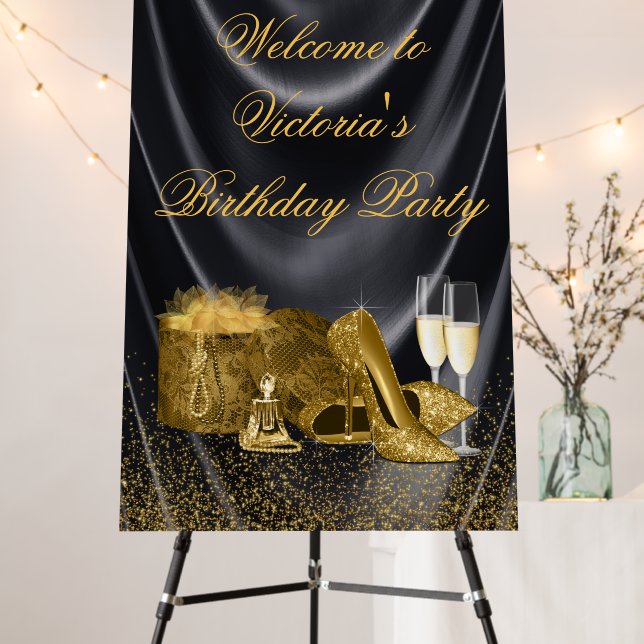 Womans Black Gold Birthday Party Welcome Sign (In Situ (Stand))
