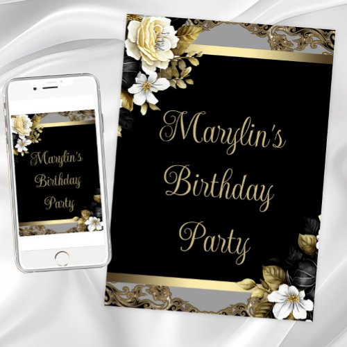 Womans Black Gold Elegant Floral Birthday Party Invitation