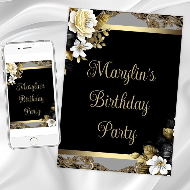 Womans Black Gold Elegant Floral Birthday Party Invitation (Elegant black gold floral any event invitation. Instant download and printed invitations available.)