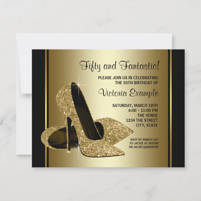Womans Black Gold High Heel Birthday Party Invitation (Front)