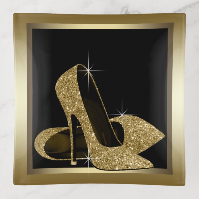 Womans Black Gold High Heel Shoe Trinket Dish (Front)