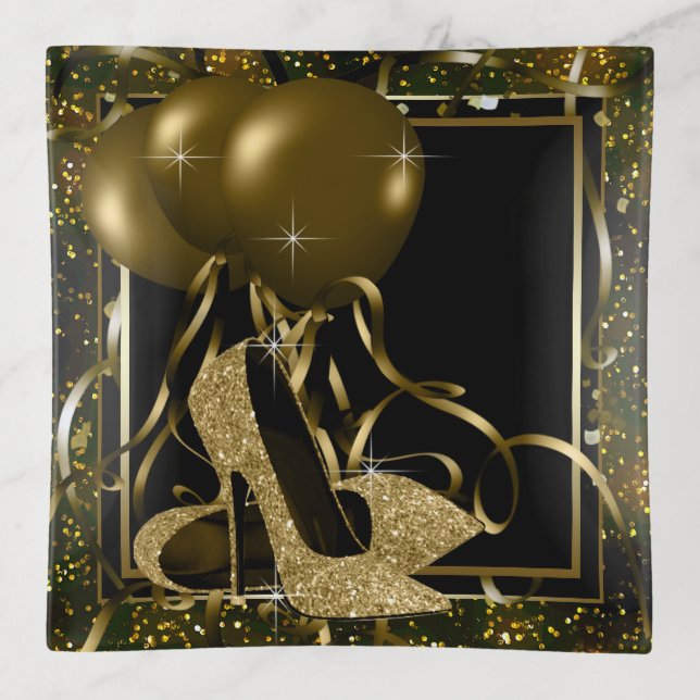 Womans Black Gold High Heel Shoe Trinket Dish (Front)