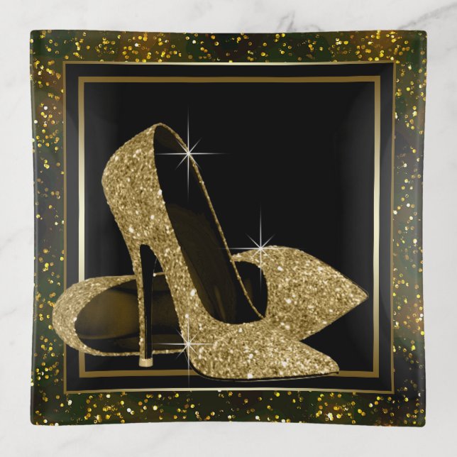 Womans Black Gold High Heel Shoe Trinket Dish Tray (Front)