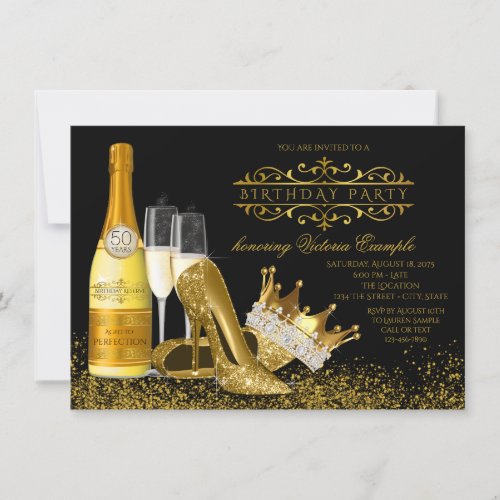 Womans Black Gold High Heels Princess Birthday Invitation