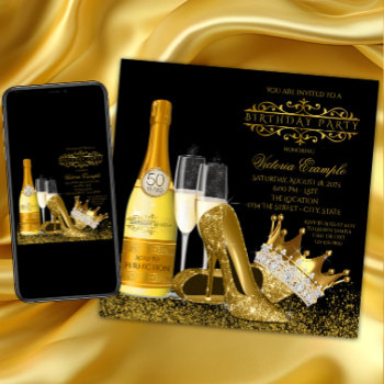 Womans Black Gold High Heels Princess Birthday Invitation by Pure_Elegance at Zazzle