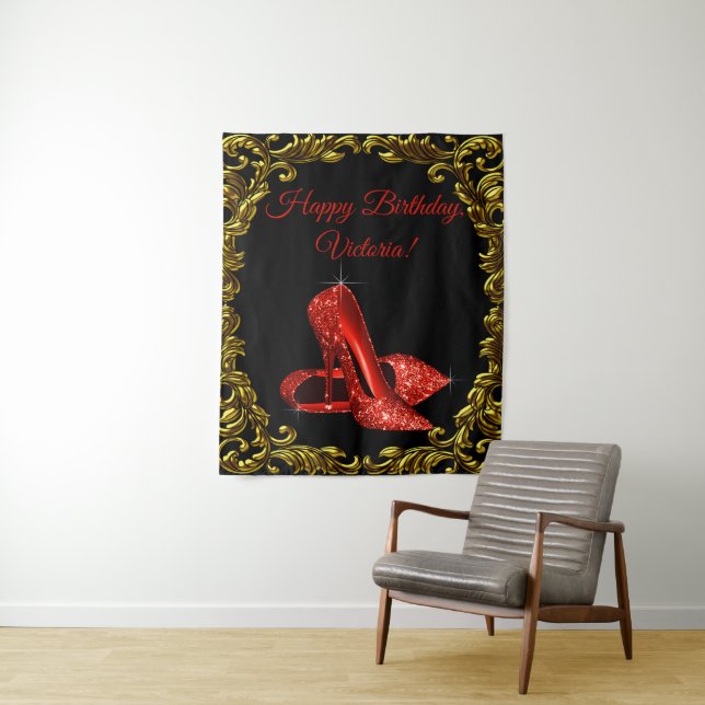 Womans Black Gold Red Shoe Birthday Party Backdrop (In Situ)